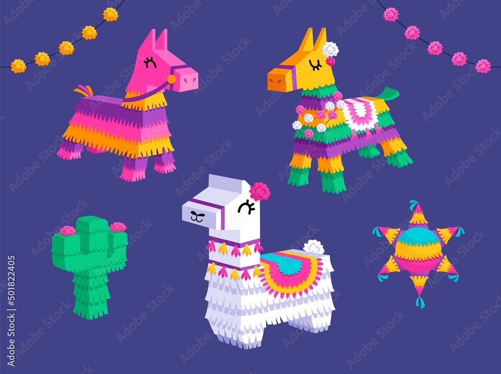 Colorful set of Mexican pinatas. Paper containers in form of llama, donkey, star and cactus. Decorations with sweets for holiday or festival. Cartoon flat vector collection isolated on blue background