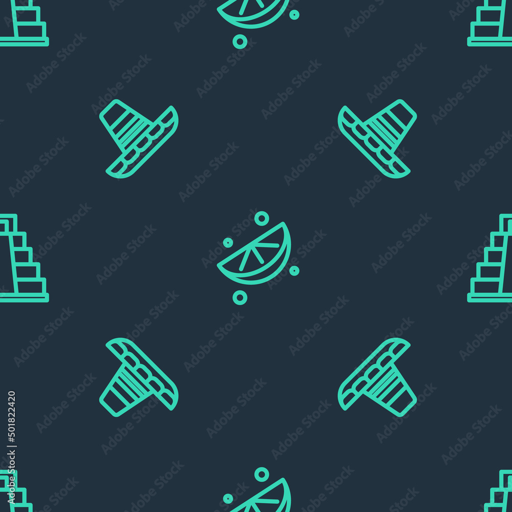 Set line Sliced lime, Mexican sombrero and Chichen Itza in Mayan on seamless pattern. Vector Set line Sliced lime, Mexican sombrero and Chichen Itza in Mayan on seamless pattern. Vector