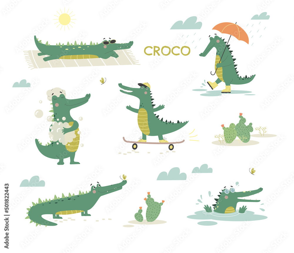 Fototapeta premium Cute Crocodiles in Different Situations Set. Alligator rides skateboard, washes in bathroom, walks with umbrella and sunbathes on beach.. Cartoon flat vector collection isolated on white background