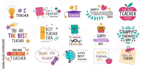 Happy Teachers Day abstract concept. Set of cute greeting cards with pencils, books, globe, light bulb and inscription. Best teacher ever. Cartoon flat vector collection isolated on white background
