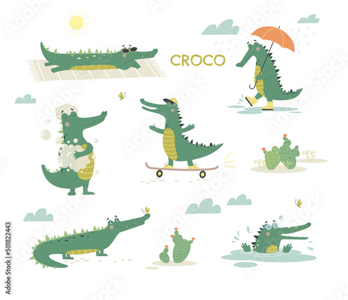 Cute Crocodiles in Different Situations Set. Alligator rides skateboard, washes in bathroom, walks with umbrella and sunbathes on beach.. Cartoon flat vector collection isolated on white background photo
