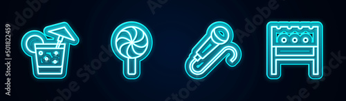 Set line Cocktail, Lollipop, Microphone and BBQ brazier. Glowing neon icon. Vector