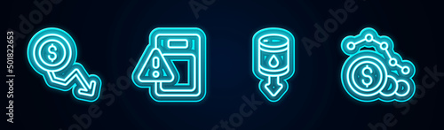 Set line Dollar rate decrease, Global economic crisis, Drop in crude oil price and . Glowing neon icon. Vector
