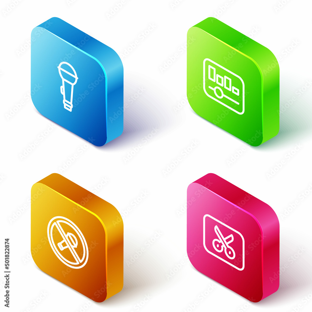 Set Isometric line Microphone, Music equalizer, Mute microphone and or video editing icon. Vector Set Isometric line Microphone, Music equalizer, Mute microphone and or video editing icon. Vector