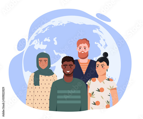 Human diversity abstract concept. Group of beautiful smiling people with different nationalities. Europeans, African Americans and Asians friends and communicate. Cartoon flat vector illustration