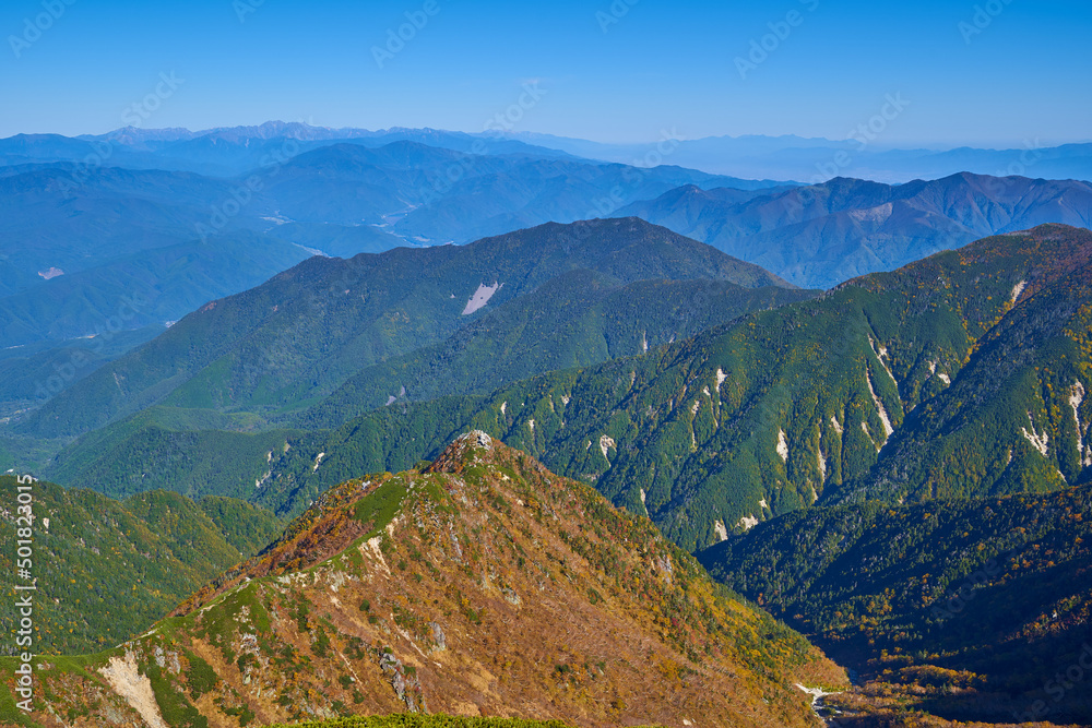 長野県上伊那郡の秋の木曽駒ヶ岳山頂から北側(大棚入山,槍ヶ岳など)を見る
