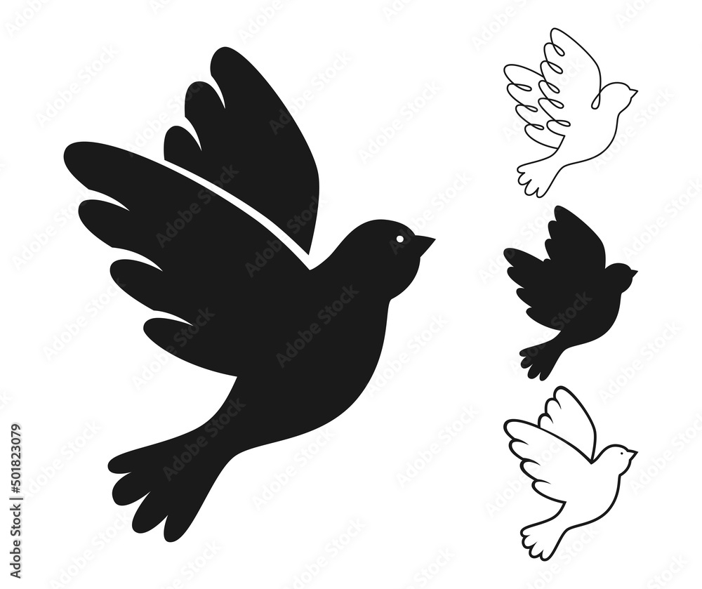 Fototapeta premium Peace symbol dove silhouette stamp, doodle outline set. Flying bird pigeon sign, pure dove icon. Freedom, Christian, humanity emblem peaceful and no war concept. Isolated minimal logo design elements