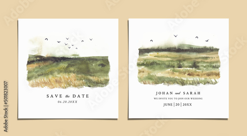 Watercolor wedding invitation of grassland nature landscape