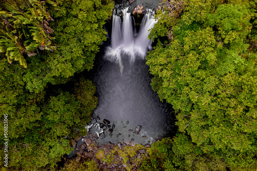 Aerial Long Exposure view of Leon waterfall (Cascade Leon) which is hidden in a forest located in the south of Mauritius island