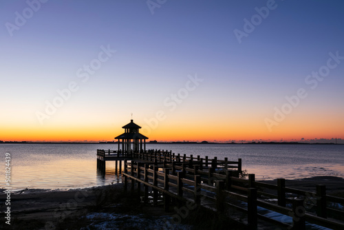 Wooden pavilions by the sea at sunrise in the morning  Sunrise by the sea