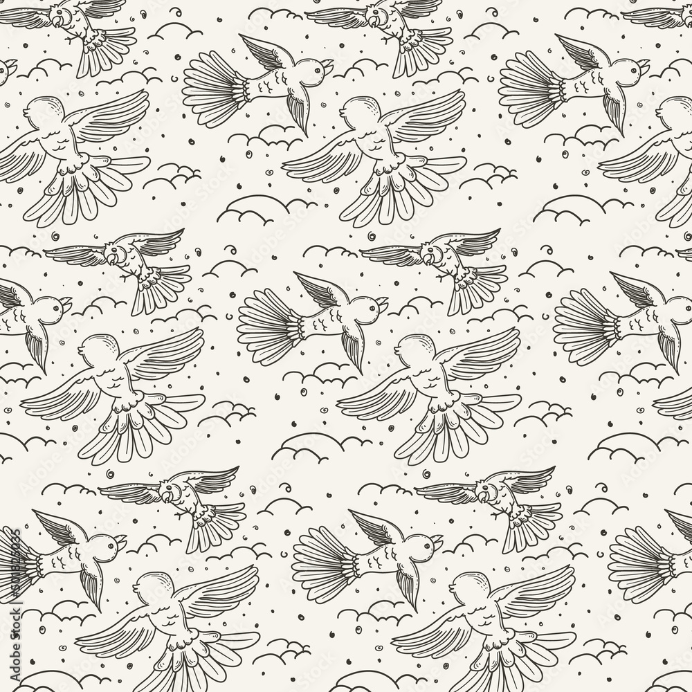 Naklejka premium birds cartoon pattern with ouline drawing 