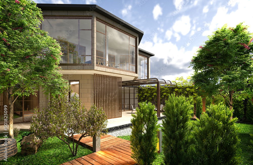 Fototapeta premium 3d render. Modern villa exterior scene.