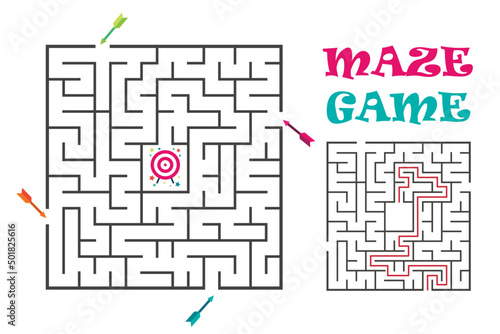 Square maze labyrinth game for kids. Labyrinth logic conundrum with target and arrows. 4 entrance and one right way to go. Vector flat illustration