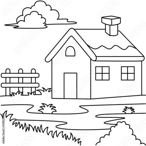 House and landscape cartoon coloring page illustration vector. For kids coloring book.