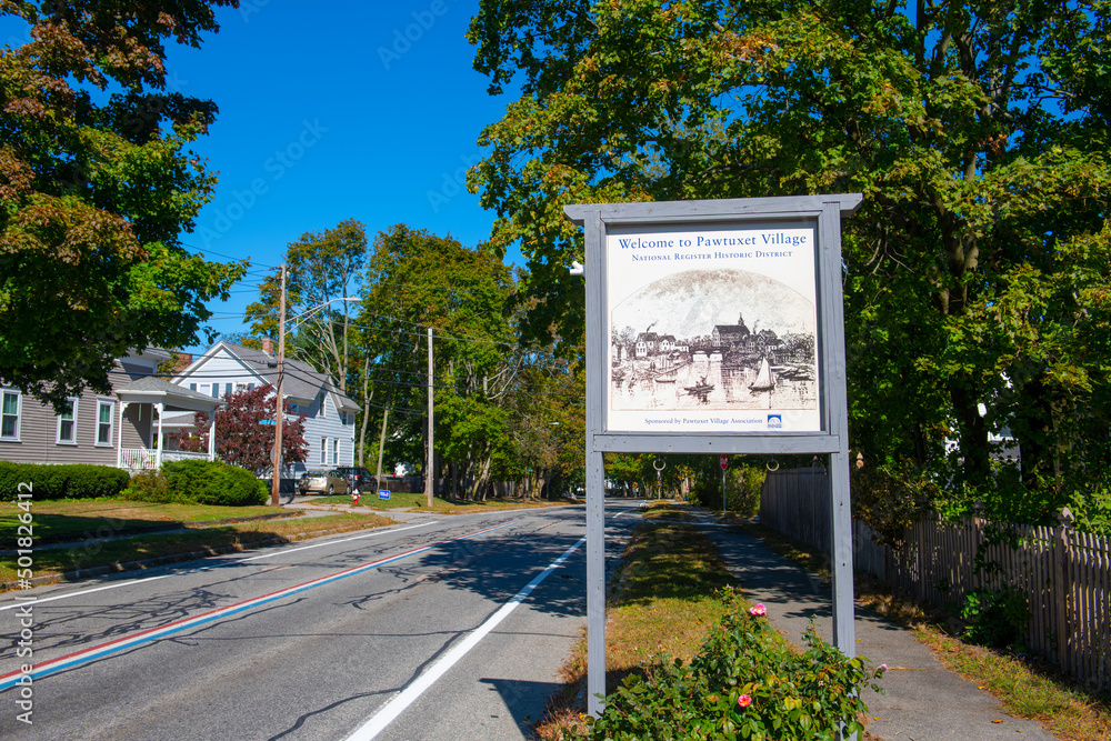 to Pawtuxet Village National Register Historic District sign at