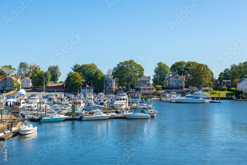 Cove Marina and yachts on Pawtuxet River mouth to Providence River in fall in Pawtuxet Village between city of Cranston and Warwick, Rhode Island RI, USA.  photo