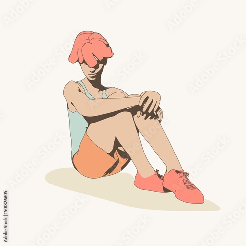 Beautiful woman resting after exercise. Sport girl illustration. Young woman wearing workout clothes. Sport fashion girl outline in urban casual style.