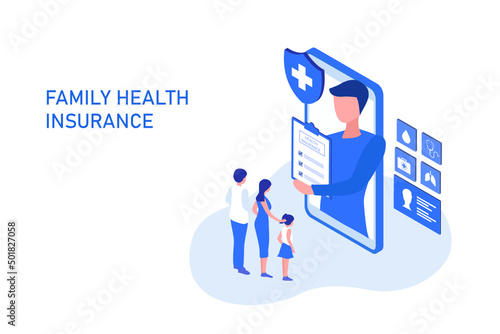 Family life and health insurance concept, family buy insurance to protect family vector illustration. Heath care, insurance and  

