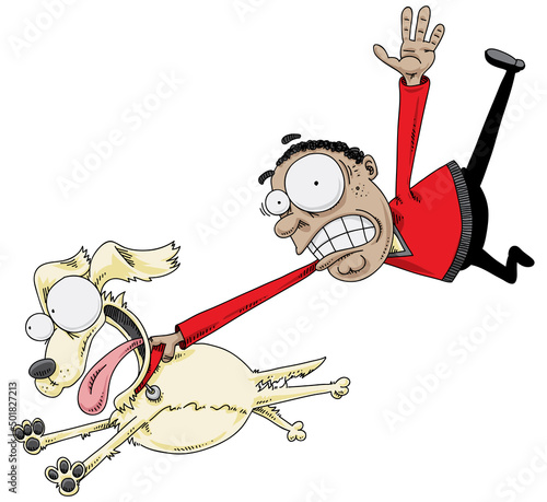 A startled cartoon man grasps his dog's collar as the happy dog runs quickly.