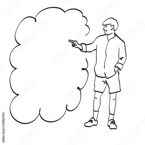 full length of man pointing in one direction on bubble speech illustration vector hand drawn isolated on white background line art.