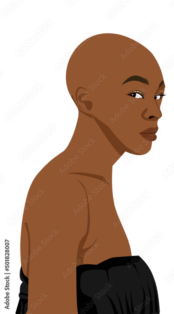 African American woman, African profile picture, Girl without hair with a shaved head, a bald head. African American woman, African profile picture, Girl without hair with a shaved head, a bald head.