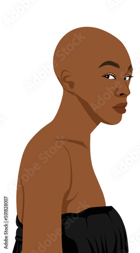 African American woman, African profile picture, Girl without hair with a shaved head, a bald head. 