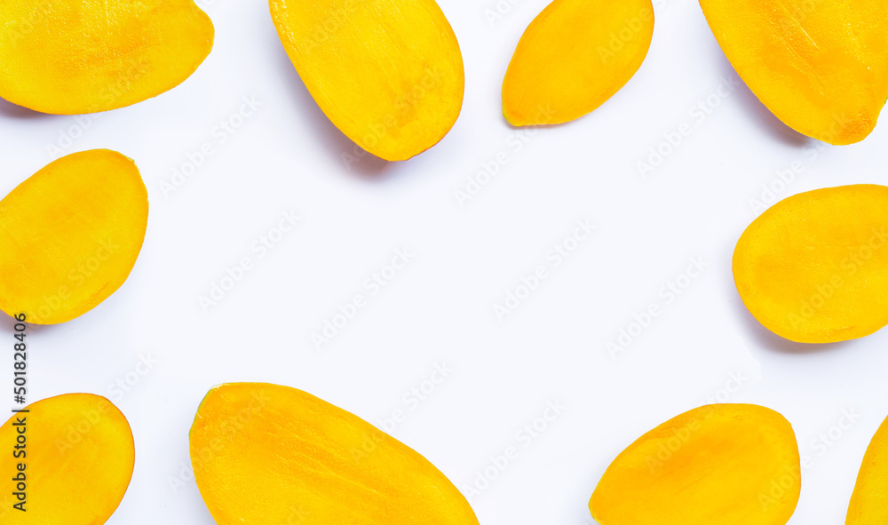 Tropical fruit, Frame made of mango slices on white background. Tropical fruit, Frame made of mango slices on white background.
