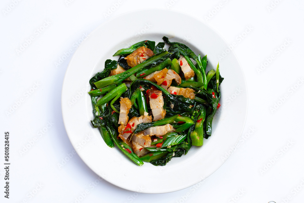 Stir fried chinese kale with crispy pork belly Stir fried chinese kale with crispy pork belly
