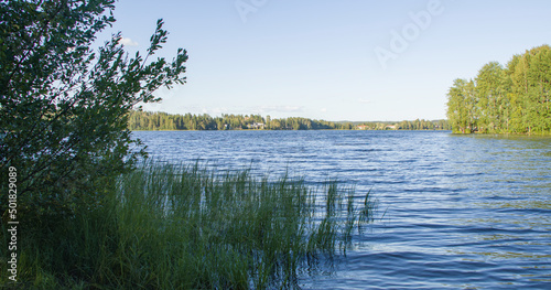 Fényképezés Lake landscape with long grass in Jyvaskyla Finland
