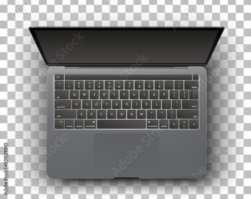 Modern glossy laptop with black screen isolated on transparent background.