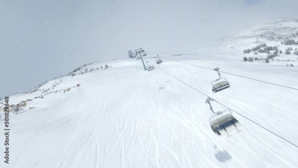 Aerial view close flight over ski resort resting sports activity tourist people surrounded by amazing nature landscape. FPV drone vacation tour riding ski snowboard movement at cable road scenery Aerial view close flight over ski resort resting sports activity tourist people surrounded by amazing nature landscape. FPV drone vacation tour riding ski snowboard movement at cable road scenery