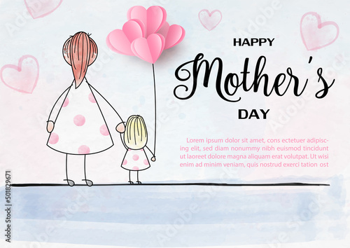 Mother and her daughter in kid drawing and watercolors style with wording of mother's day and example texts on blue paper pattern background.