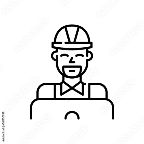 Smiling young professional working at laptop. Software engineer in hard hat. Pixel perfect, editable stroke icon