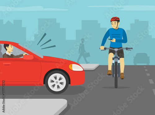 Safe bicycle riding. Cyclist is about to be hit by red sedan car while looking at phone on city road. Using a mobile phone while bicycle riding. Flat vector illustration template.