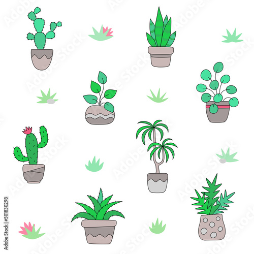 Cute cactus seamless pattern with a houseplant in a pot on a white background. Vector repeated texture with green cacti and desert plants. Summer hand drawing floral doodle print.