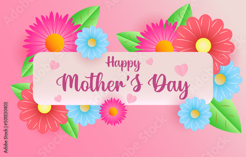 Mother's Day greeting card banner vector with spring flowers and flying hearts pink papercut.symbol of love and handwritten letters on pink background.