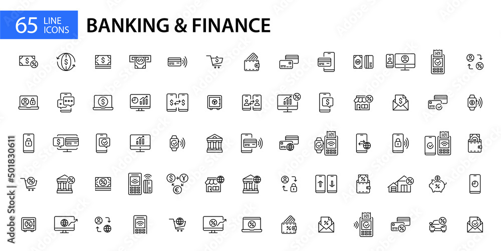 65 banking and finance pixel perfect editable stroke line art icons