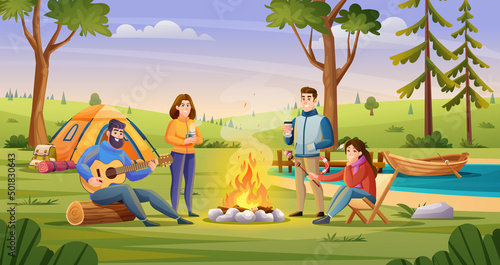 People enjoying nature camp in countryside with hills and lake landscape illustration