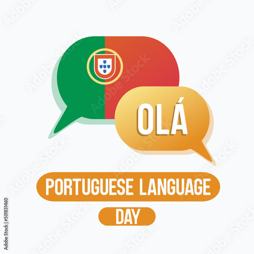 Vector illustration of bubble chat icon with Portugal flag in white background, as a banner or poster to celebrate multilingualism and cultural diversity, Portuguese Language Day. Translate: Hello