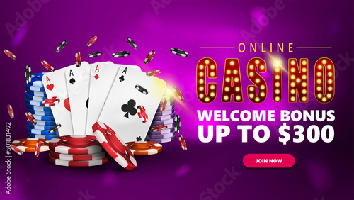 Online casino, pink banner for website with symbol with gold lamp bulbs, poker chips and playing cards.