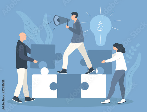 vector illustration on the theme of teamwork. people carry puzzle pieces. friendly staff, close-knit work. illustration for web, magazines, apps