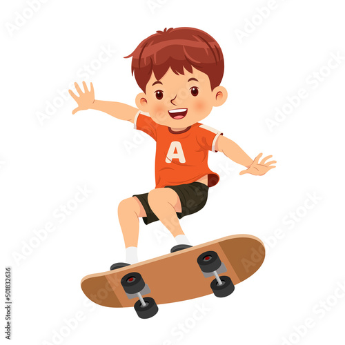 Happy smiling boy has a good time riding on a skateboard. Vector illustration