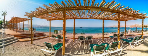 Morning panorama with tourist rest area on public beach of the Red Sea, Middl...