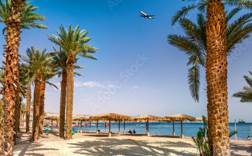 Morning with tourist rest area on public beach of the Red Sea, Middle East. C...