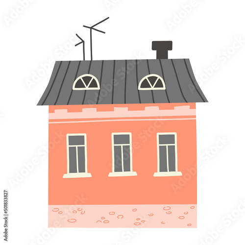Illustration of a cute house in a flat style. Minimalistic city building on white background. Vector