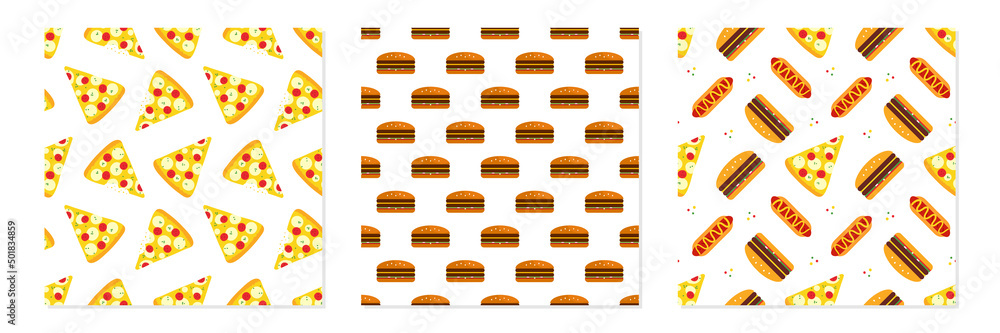 Set, collection of three vector seamless pattern background with pizza, burgers, hot dogs for fast food design.