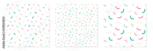 Set, collection of three vector seamless pattern backgrounds with colorful confetti, sprinkles for party, celebration design.

