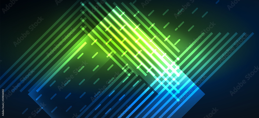 Background neon glowing lines and geometric shapes. Lights in the dark wallpaper for concept of AI technology, blockchain, digital, communication, 5G, science Background neon glowing lines and geometric shapes. Lights in the dark wallpaper for concept of AI technology, blockchain, digital, communication, 5G, science