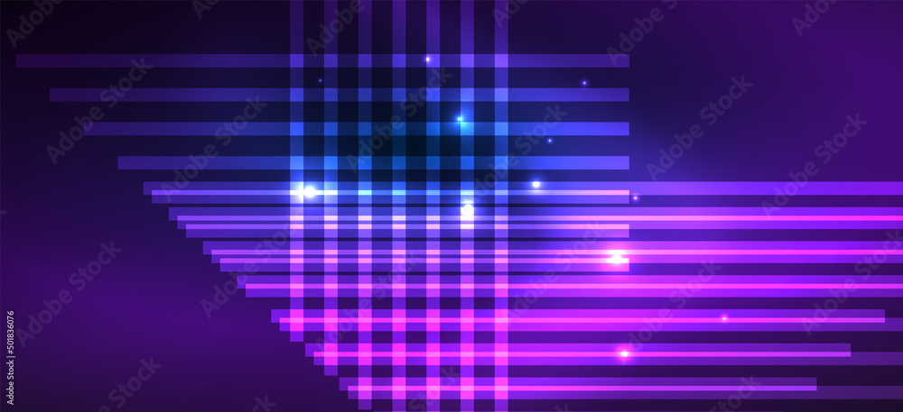 Obraz premium Background neon glowing lines and geometric shapes. Lights in the dark wallpaper for concept of AI technology, blockchain, digital, communication, 5G, science