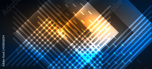 Background neon glowing lines and geometric shapes. Lights in the dark wallpaper for concept of AI technology, blockchain, digital, communication, 5G, science